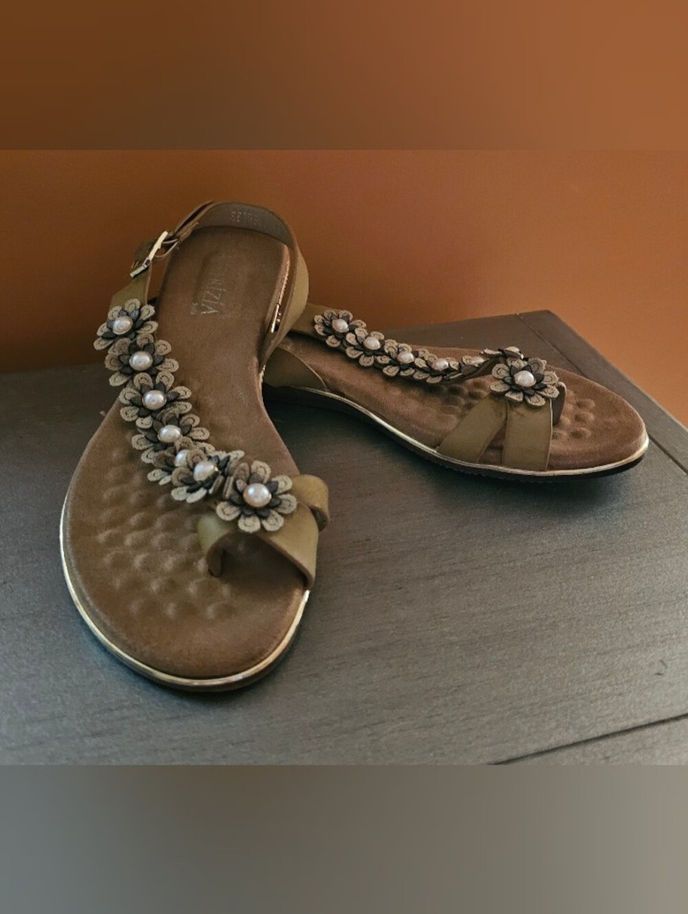 Brown Floral T-strap Women's Sandals